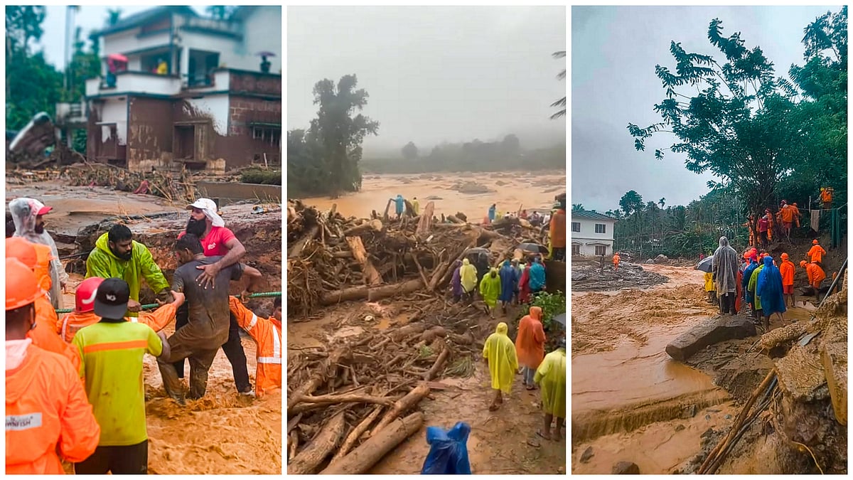National Disaster Response Force (NDRF) personnel conduct rescue operation after huge landslides in the hilly areas near Meppadi, in Wayanad district, Kerala, Tuesday, July 30